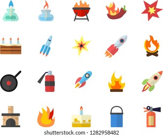 Color flat icon set hiking pot flat vector, teflon, fire, barbecue, cake, hot peppers, bonfire, fireplace, rocket, gas burner, spark, extinguisher