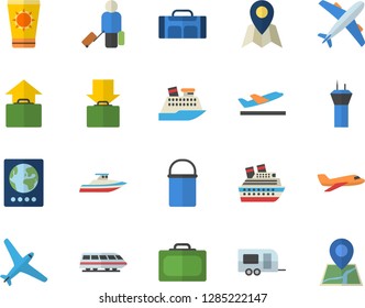 Color flat icon set hiking pot flat vector, sport bag, aircraft fector, train, trailer, airport tower, luggage, suitcase, passport, departure, get, hand, sun protection cream, location, cruise ship