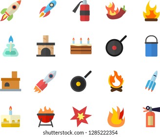 Color flat icon set hiking pot flat vector, teflon, fire, barbecue, cake, hot peppers, bonfire, fireplace, rocket, gas burner, spark, extinguisher
