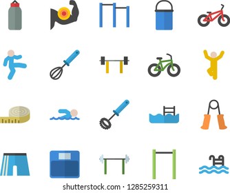 Color flat icon set hiking pot flat vector, whisk, barbell, weighing machine, centimeter, muscles, bicycle, carpal expander, parallel bars, sports pear, athletic shorts, swimming, gymnastics, pool