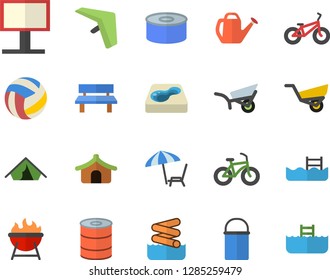Color flat icon set hiking pot flat vector, barbecue, canned food, watering can, garden wheelbarrow, bench, pool, billboard, volleyball, bicycle, hang glider fector, tent, chaise lounge, aquapark