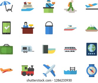 Color flat icon set hiking pot flat vector, pool, aircraft fector, train, trailer, hike, suitcase, passport control, check in, hotel first line, departure, chaise lounge, reception desk, cruise ship