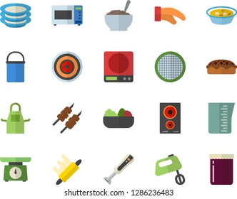 Color flat icon set hiking pot flat vector, weighing machine, meashuring cup, apron, potholder, rolling pin, induction cooker, microwave, mixer, blender, sieve, plates, salad, soup, porridge, pie