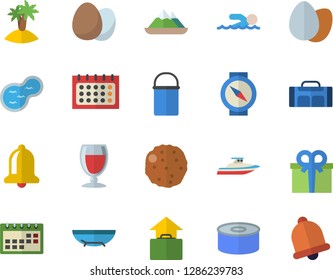 Color flat icon set hiking pot flat vector, egg, canned food, cutlet, wine, pond, calendar, present, swimming, sport bag, hand luggage fector, sea beach, island, yacht, mountains, compass, bell