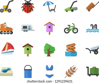 Color flat icon set hiking pot flat vector, ear, nesting box, tree, ladybird, garden wheelbarrow, lawn mower, pool, sailboat, bicycle, swimsuit, roller Skates, trailer fector, luggage, chaise lounge