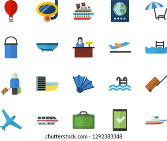 Color flat icon set hiking pot flat vector, pool, aircraft fector, train, balloon, luggage, suitcase, passport, check in, hotel first line, departure, sea beach, chaise lounge, swimming mask, yacht