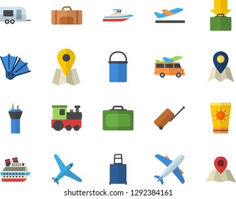 Color flat icon set hiking pot flat vector, location, sport bag, aircraft fector, train, trailer, airport tower, luggage, suitcase, departure, get, sun protection cream, flippers, transfer, yacht