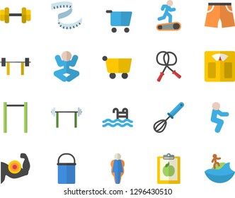 Color flat icon set hiking pot flat vector, whisk, grocery trolley, dumbbell, barbell, diet, weighing machine, centimeter, muscles, skipping rope, parallel bars, athletic shorts, yoga, Treadmill