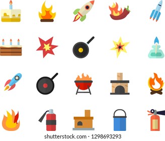 Color flat icon set hiking pot flat vector, teflon, fire, barbecue, cake, hot peppers, bonfire, fireplace, rocket, gas burner, spark, extinguisher