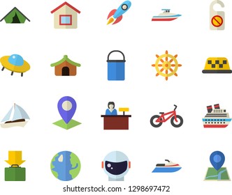 Color flat icon set hiking pot flat vector, earth, location, rocket, ufo, astronaut helmet fector, bicycle, sailboat, tent, get luggage, reception desk, steering wheel, water scooter, cruise ship