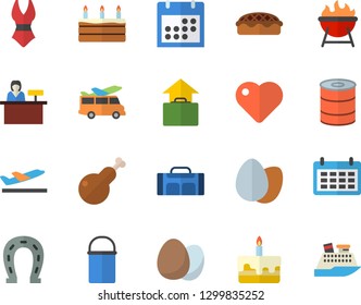 Color flat icon set hiking pot flat vector, barbecue, egg, canned food, cake, pie, chicken, horseshoe, calendar, heart, swimsuit, sport bag, departure fector, hand luggage, transfer, reception desk