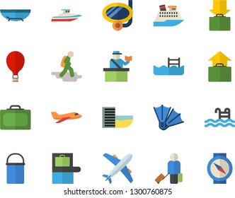 Color flat icon set hiking pot flat vector, pool, aircraft fector, hike, balloon, luggage, suitcase, baggage claim, passport control, hotel first line, get, hand, sea beach, swimming mask, flippers