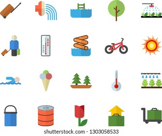 Color flat icon set hiking pot flat vector, temperature, canned food, ice cream, thermometer, tree, sprinkling machine, hose irrigation, tulip, forest, bicycle, swimming, luggage fector, hand, sun