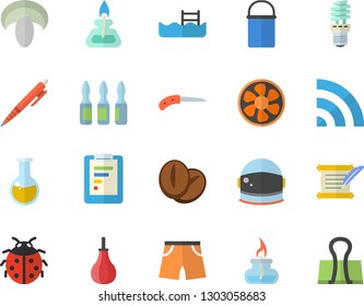 Color flat icon set hiking pot flat vector, mushroom, coffee beans, ladybird, knife, ventilation, energy saving lamp, graphic report, medical analysis, ampoule, pen, gas burner,  roll, pool