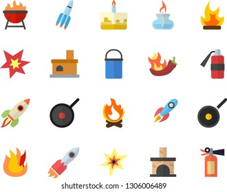 Color flat icon set hiking pot flat vector, teflon, fire, barbecue, cake, hot peppers, bonfire, fireplace, rocket, gas burner, spark, extinguisher
