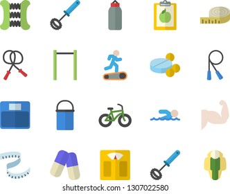 Color flat icon set hiking pot flat vector, whisk, pills, diet, weighing machine, centimeter, muscles, bicycle, skipping rope, carpal expander, parallel bars, sports pear, Treadmill, swimming