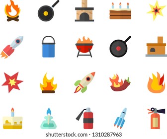 Color flat icon set hiking pot flat vector, teflon, fire, barbecue, cake, hot peppers, bonfire, fireplace, rocket, gas burner, spark, extinguisher
