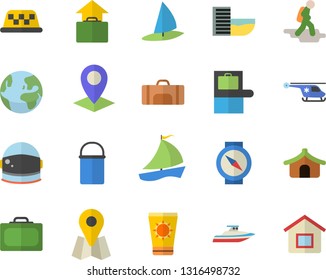 Color flat icon set hiking pot flat vector, location, sailboat, helicopter, astronaut helmet fector, sport bag, earth, hike, suitcase, baggage claim, tent, hotel first line, hand luggage, yacht