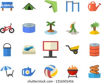 Color flat icon set hiking pot flat vector, barbecue, canned food, watering can, garden wheelbarrow, bench, pool, billboard, volleyball, bicycle, parallel bars, hike fector, hang glider, tent