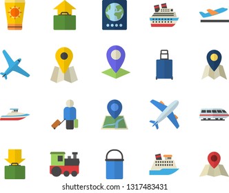 Color flat icon set hiking pot flat vector, location, aircraft fector, train, luggage, passport, departure, get, hand, sun protection cream, cruise ship, yacht