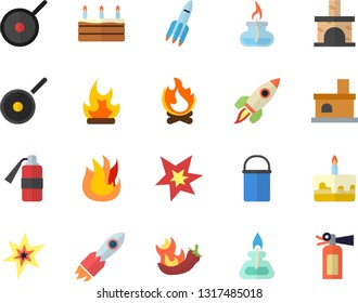 Color flat icon set hiking pot flat vector, teflon, fire, cake, hot peppers, bonfire, fireplace, rocket, gas burner, spark, extinguisher