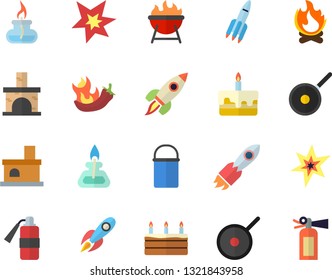 Color flat icon set hiking pot flat vector, teflon, barbecue, cake, hot peppers, bonfire, fireplace, rocket, gas burner, spark, fire extinguisher