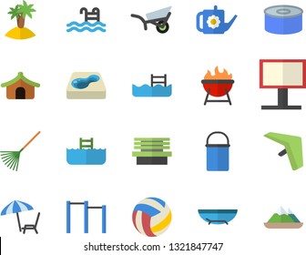 Color flat icon set hiking pot flat vector, barbecue, canned food, rake, watering can, garden wheelbarrow, bench, pool, billboard, volleyball, parallel bars, hang glider fector, tent, sea beach