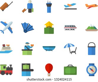 Color flat icon set hiking pot flat vector, aircraft fector, train, airport tower, balloon, luggage, suitcase, baggage claim, passport control, departure, hand, sea beach, chaise lounge, flippers