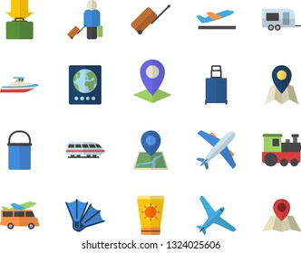 Color flat icon set hiking pot flat vector, location, aircraft fector, train, trailer, luggage, passport, departure, get, sun protection cream, flippers, transfer, yacht