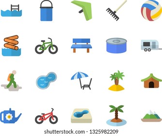 Color flat icon set hiking pot flat vector, canned food, rake, watering can, bench, pond, pool, volleyball, bicycle, trailer fector, hike, hang glider, tent, chaise lounge, island, aquapark