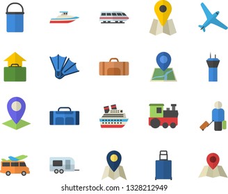 Color flat icon set hiking pot flat vector, location, sport bag, aircraft fector, train, trailer, airport tower, luggage, hand, flippers, transfer, cruise ship, yacht