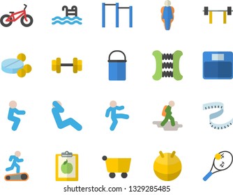 Color flat icon set hiking pot flat vector, grocery trolley, pills, dumbbell, barbell, diet, weighing machine, centimeter, bicycle, carpal expander, parallel bars, fitball, Treadmill, gymnastics