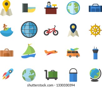 Color flat icon set hiking pot flat vector, earth, location, rocket, sailboat, bicycle, sport bag, fector, aircraft, airport tower, hotel first line, surfing, luggage trolley, transfer, globe