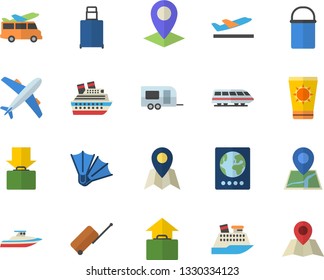 Color flat icon set hiking pot flat vector, location, train fector, trailer, luggage, passport, aircraft, departure, get, hand, sun protection cream, flippers, transfer, cruise ship, yacht