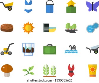 Color flat icon set hiking pot flat vector, mushroom, cutlet, whiskey, garden wheelbarrow, sun, butterflies, lawn mower, pond, tree leaf, forest, ear, swimsuit, pool, suitcase fector, hand luggage