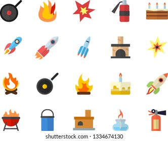 Color flat icon set hiking pot flat vector, teflon, fire, barbecue, cake, bonfire, fireplace, rocket, gas burner, spark, extinguisher