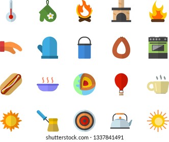 Color flat icon set hiking pot flat vector, teapot, potholder, turk, electric stove, induction cooker, temperature, sausage, hot dog, soup, sun, bonfire, fireplace, coffee, core of the earth fector