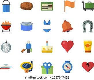 Color flat icon set hiking pot flat vector, barbecue, canned food, cake, cutlet, horseshoe, flag, present, heart, calendar, swimsuit, luggage fector, sun protection cream, disco ball, swimming mask