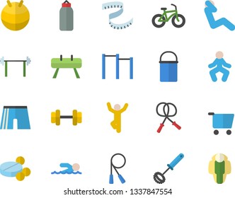 Color flat icon set hiking pot flat vector, whisk, grocery trolley, pills, dumbbell, barbell, centimeter, bicycle, skipping rope, parallel bars, sports equipment horse, pear, athletic shorts