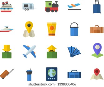 Color flat icon set hiking pot flat vector, location, sport bag, train fector, trailer, airport tower, luggage, passport, aircraft, departure, get, hand, sun protection cream, flippers, cruise ship