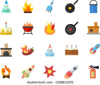 Color flat icon set hiking pot flat vector, teflon, fire, barbecue, cake, hot peppers, bonfire, fireplace, rocket, gas burner, spark, extinguisher