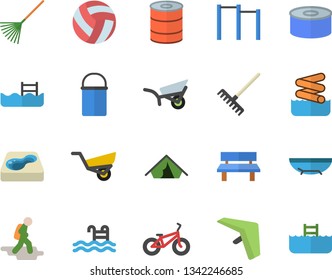 Color flat icon set hiking pot flat vector, canned food, rake, garden wheelbarrow, bench, pool, volleyball, bicycle, parallel bars, hike fector, hang glider, tent, sea beach, aquapark