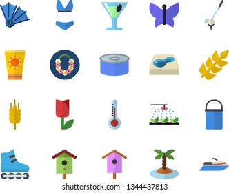 Color flat icon set hiking pot flat vector, canned food, cocktail, thermometer, ear, nesting box, sprinkling machine, tulip, butterflies, pool, swimsuit, roller Skates, sun protection cream fector