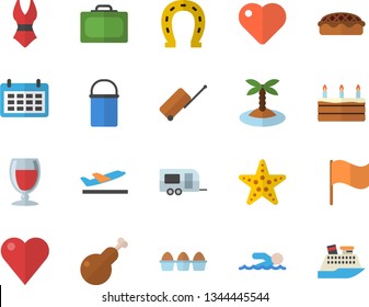 Color flat icon set hiking pot flat vector, egg, cake, pie, chicken, wine, horseshoe, flag, calendar, heart, swimsuit, swimming, trailer fector, luggage, suitcase, departure, island, starfish