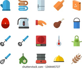 Color flat icon set hiking pot flat vector, weighing machine, electric kettle, apron, potholder, whisk, kitchen egg timer, towel, cutting board, double boiler, fridge, temperature, groats, dish, ham