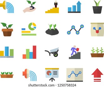 Color flat icon set home plant flat vector, seedlings, planting plants, hose irrigation, garden wheelbarrow, fertilizer vectory, statistics, scatter chart, statistic, point diagram, career ladder