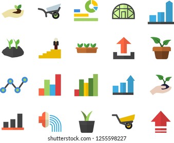 Color flat icon set home plant flat vector, seedlings, planting plants, hose irrigation, garden wheelbarrow, greenhouse, chart, statistics, scatter, career ladder, achievement, upload