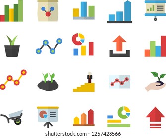 Color flat icon set home plant flat vector, seedlings, planting plants, garden wheelbarrow, fertilizer vectory, chart, statistics, scatter, statistic, point diagram, career ladder, achievement