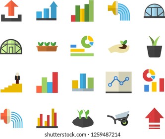 Color flat icon set home plant flat vector, seedlings, planting plants, hose irrigation, garden wheelbarrow, greenhouse, chart, statistics, statistic, point diagram, career ladder, achievement