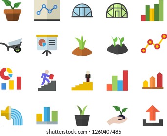 Color flat icon set home plant flat vector, seedlings, planting plants, hose irrigation, garden wheelbarrow, greenhouse, chart, statistics, scatter, statistic, point diagram, career ladder, upload